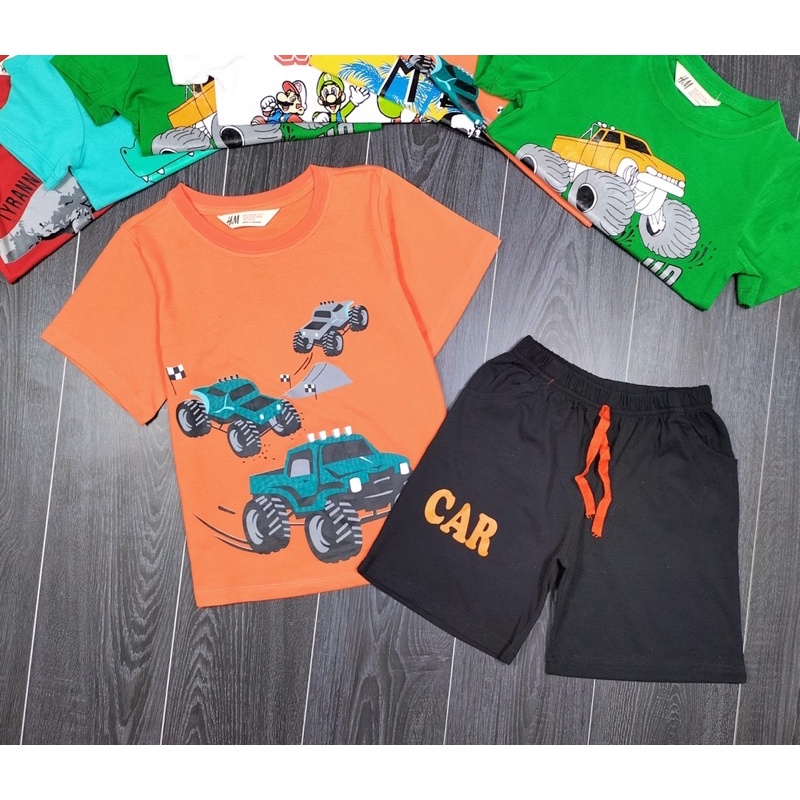 Đồ bộ ngắn tay thun cotton HM bé trai khủng long, xe 2-7T