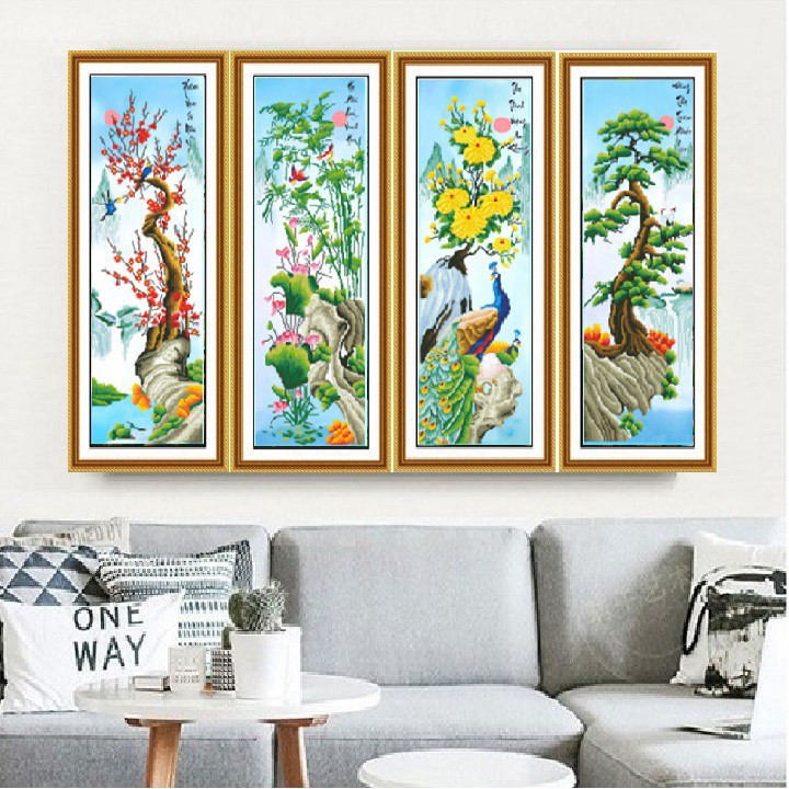 ⚡SIÊU SALE⚡ Tranh Thêu Chữ Thập Tứ Quý Tùng Cúc Trúc Mai ( 34 x 90cm/1 bức)