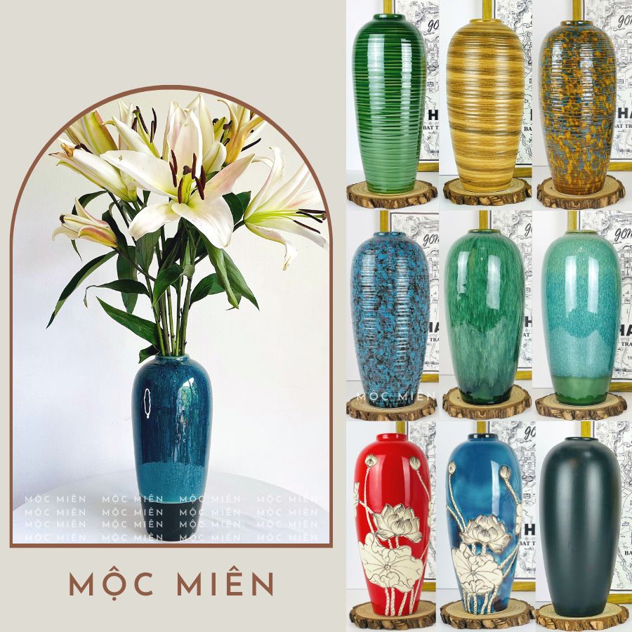 Bình hoa gốm lọ hoa dáng B0M cắm đào tết, sen, tuyểt mai decor tranh trí, Mộc Miên gommocmien, gốm sứ bát tràng
