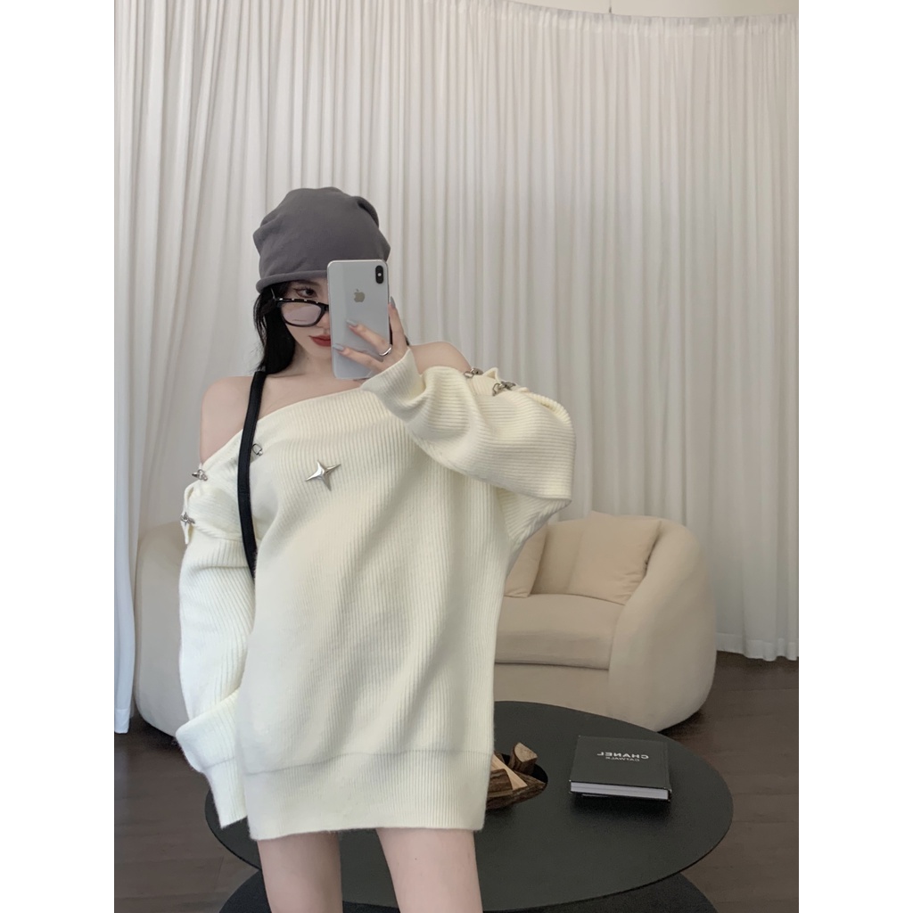 Áo sweater Dệt Kim Hở Vai Phối Khóa Kim Loại Thời Trang Mùa Thu Mới