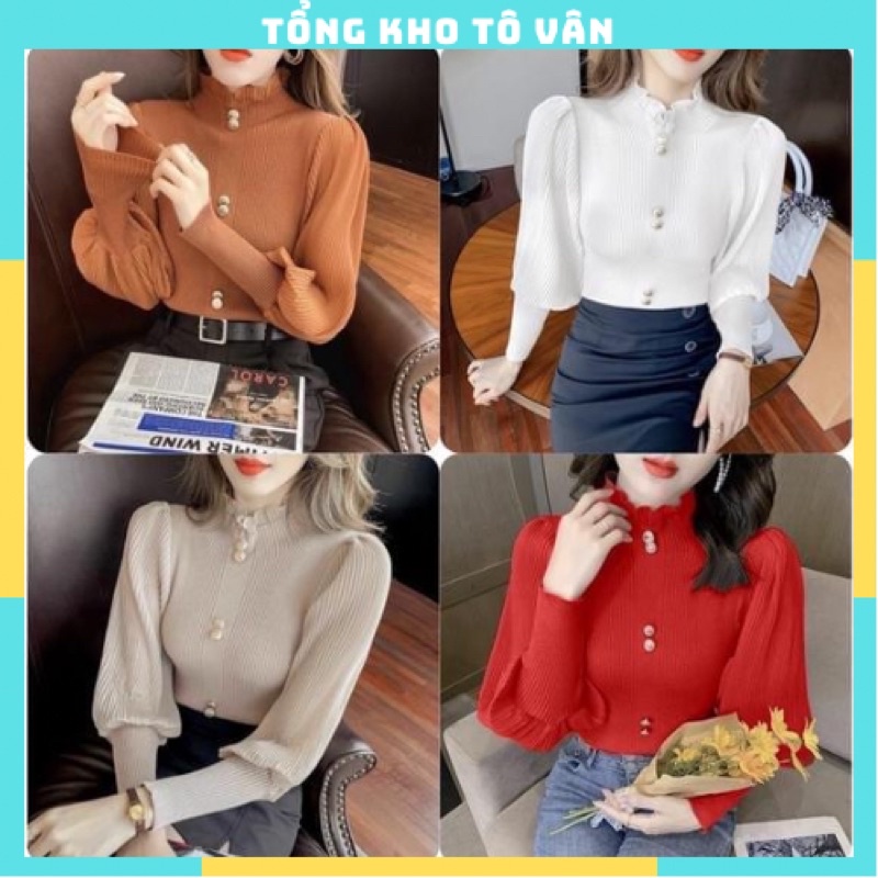 Áo len nữ, áo len cổ bèo tay voan cúc ngọc hàng quảng châu loại 1 _sẵn hàng
