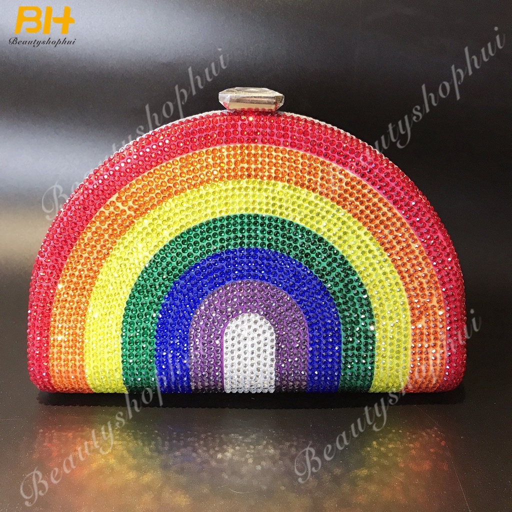 Túi Xách Đeo Chéo Hình Chữ D Đính Đá Màu Cầu Vồng Dành Cho Nữ