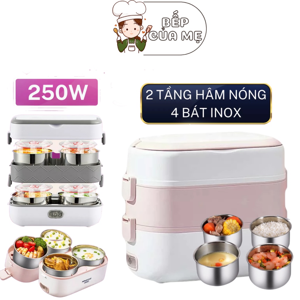 Hộp cơm cắm điện văn phòng, hộp đựng cơm văn phòng 2 tầng 4 bát inox có chức năng giữ nhiệt, hâm nóng và tự nấu chín