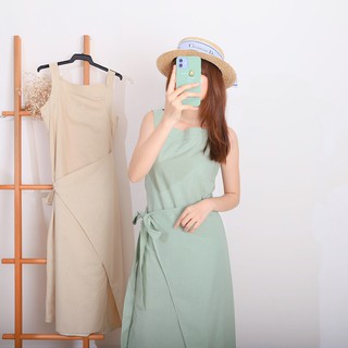 Đầm thư ký linen dài, tà váy cột eo, kiểu Hàn Quốc [ẢNH THẬT] MOMMADE, size S
