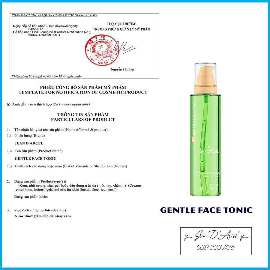 [CHÍNH HÃNG] Nước hoa hồng cho da khô và nhạy cảm Jean D'arcel_ Gentle face Tonic 250ml