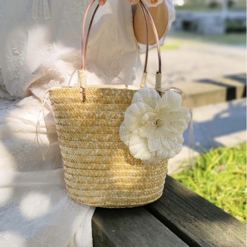Túi cói hoa trà kiểu dáng vintage đi biển size 27cm - Tiệm Cói Cô Lê