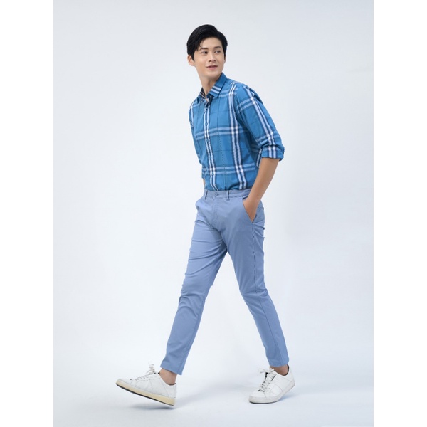 Áo sơ mi dài tay nam OWEN AS220054D somi công sở Vải Sợi Tre cao cấp Màu Kẻ Caro Lớn Xanh Xám Dáng Ôm Tà Lượn Không Túi