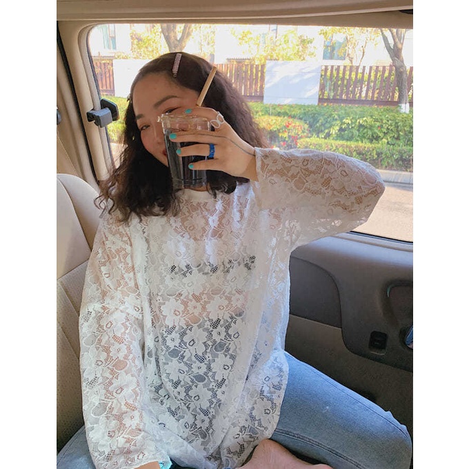 Bán Chạy!F &amp; X Áo Thun Chống Nắng Tay Dài Cổ Tròn Phối Ren Mỏng Phong Cách Mùa Hè 300 Jin Oversize Cho Nữ