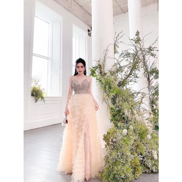 Đầm maxi 2 dây xếp xếp tâng kết kim sa sang trọng xẻ đùi TRIPBLE T DRESS - SIZE M/L - MS268V
