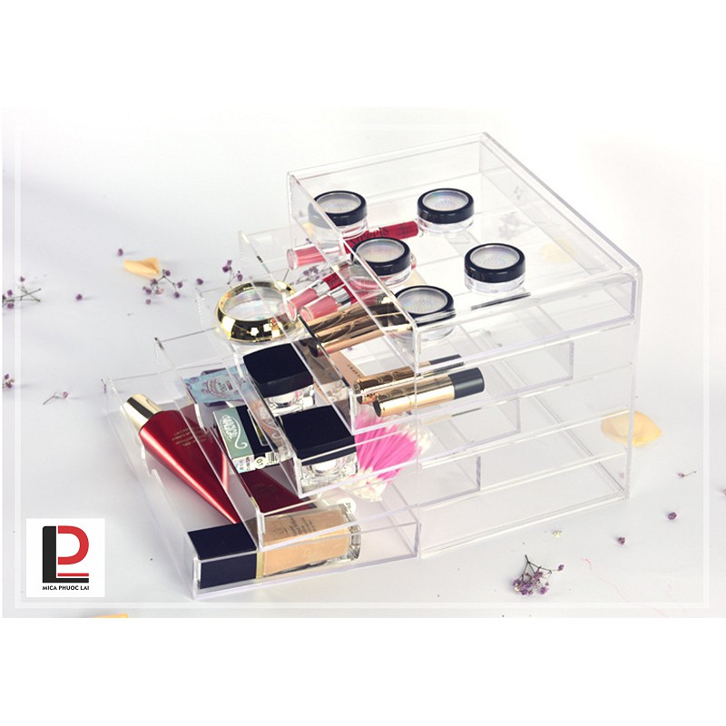 Hộp mica trưng bày mỹ phẩm cao cấp/ Hộp 5 ngăn kéo chống bụi