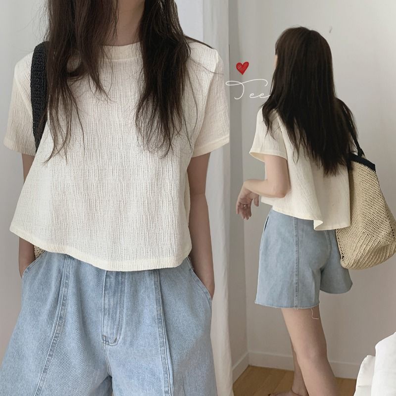 Áo thun gân xước cổ tròn, dáng croptop Phong cách ulzzang