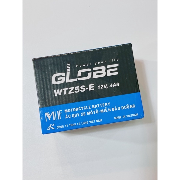 Bình ắc quy 12V 4Ah, bình điện xe máy GLOBE WTZ5S-E  sử dụng xe tay ga đời cũ ko idling stop và xe số đời….