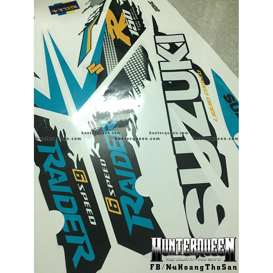 Tem rời chế Raider FI. Trắng xanh, chữ Suzuki. Thay đổi màu sắc và chi tiết theo yêu cầu. Sắc nét, bền màu