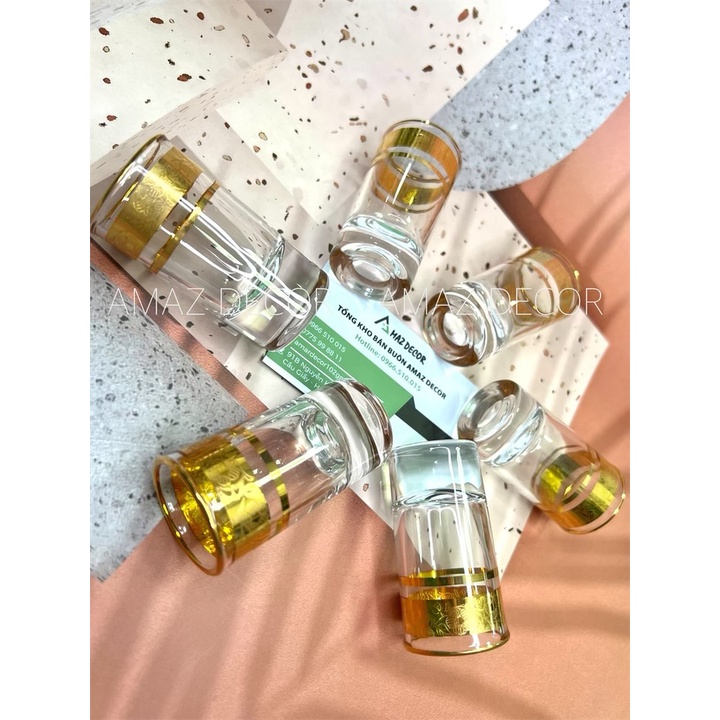 Bộ 6 ly chén uống rượu thủy tinh đế tròn dày khảm họa tiết vàng cao cấp