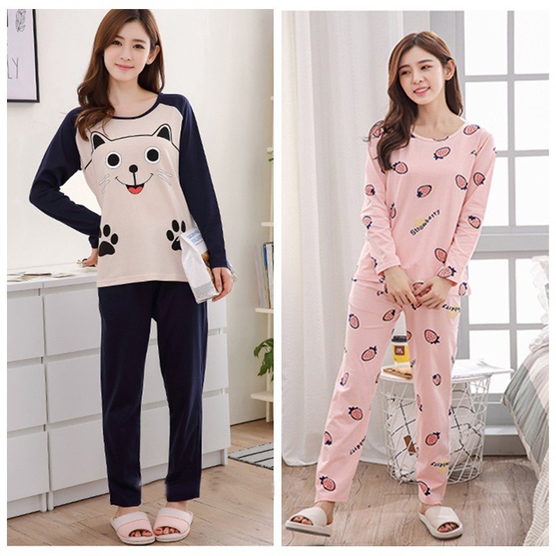 Bộ Đồ ngủ Cotton Tay Dài Hoạ Tiết Hoạt Hình Thời Trang Xuân Thu
