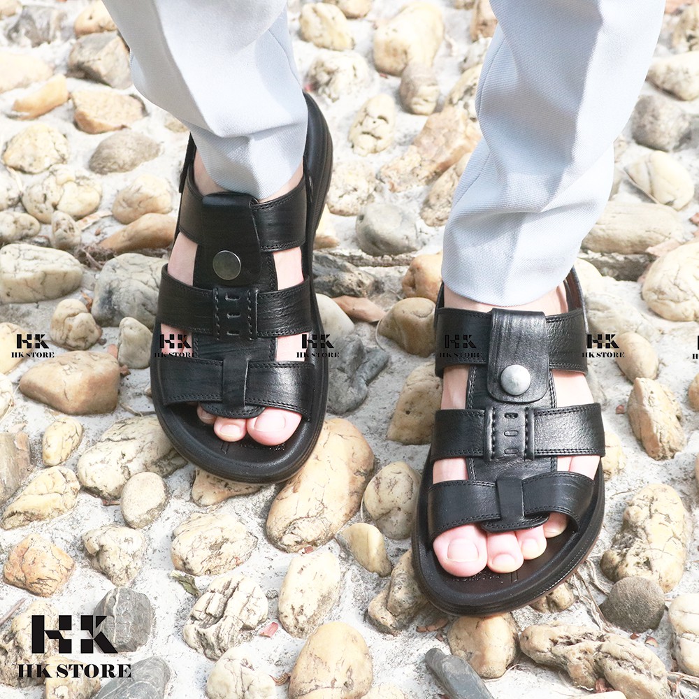 Dép sandal nam trung niên  HK.STORE  da bò xịn kết hợp đế kếp cao 3,5cm cực đẹp khâu may chân quai công nghệ 2021.