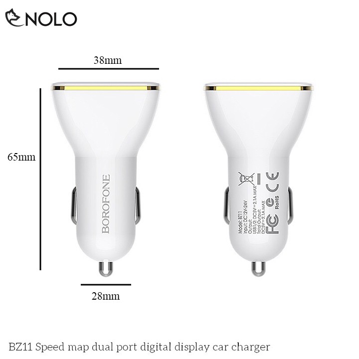 Cốc Sạc Nhanh Dành Cho Xe Hơi Xe Máy 2 Cổng Borofone Model BZ11 Có Đèn Led Đo Điện Áp Thực Tổng Điện Áp Đầu Ra 5V 2.1A