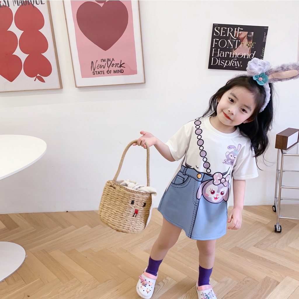 Aiyaya Váy Bé Gái Váy Hoạt Hình Giả Hai Mảnh Denim Váy Thời Trang Trẻ Em（0187）