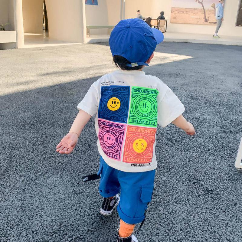 Áo Thun Cotton Nguyên Chất Tay Ngắn In Họa Tiết Hoạt Hình Mặt Cười Dễ Thương Cho Bé