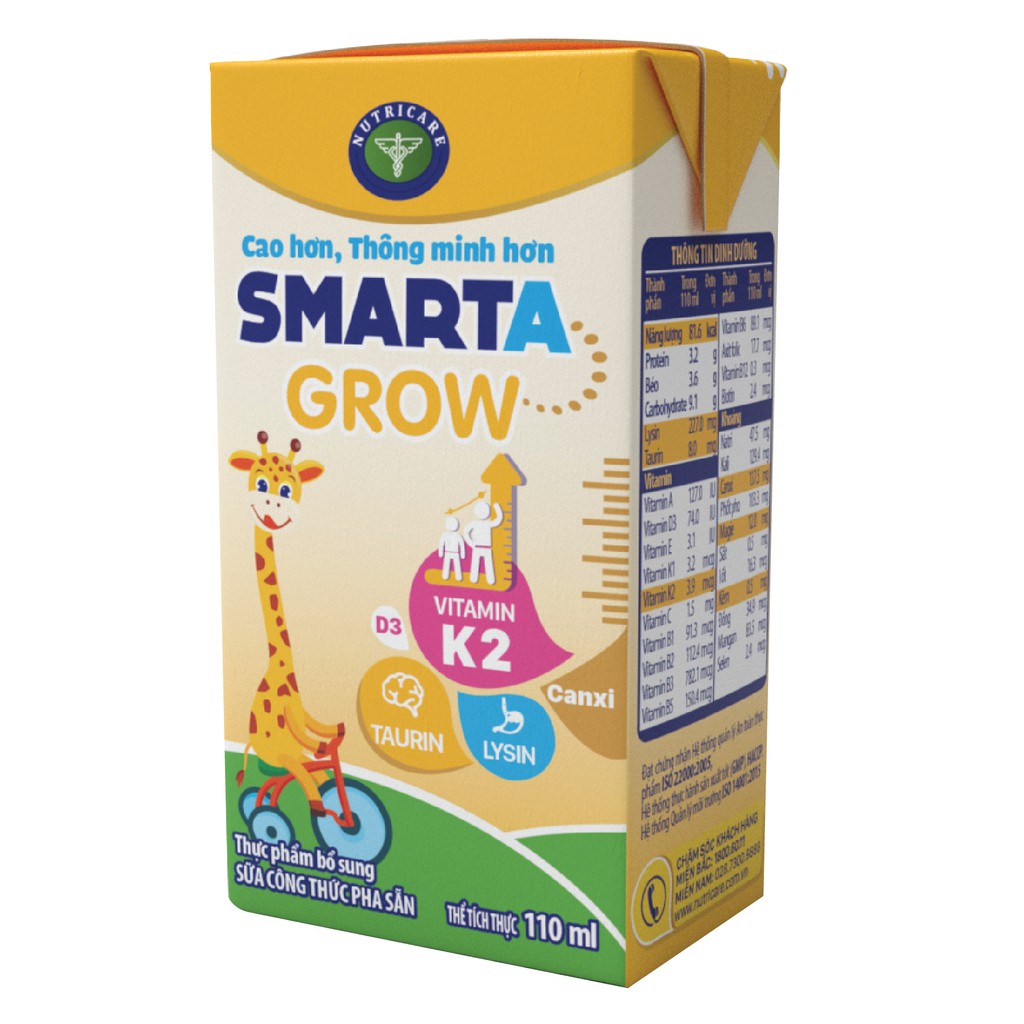 Thùng sữa công thức pha sẵn Nutricare Smarta Grow (110ml x 48 hộp) - hỗ trợ tăng chiều cao, phát triển não bộ