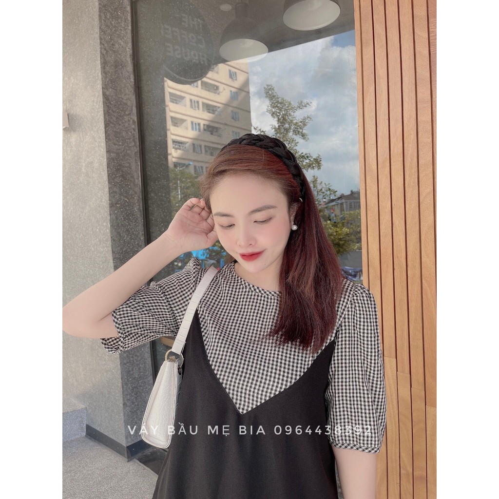 Váy bầu bigsize - Đầm bầu thiết kế GuMe màu đen phối  kẻ caro đen tay lỡ chất vải sạn lụa size từ 40-100kg MB250