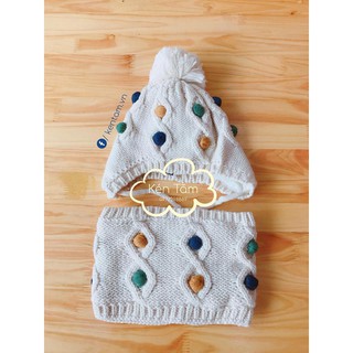 Set khăn mũ zara bé gái họa tiết cục bông