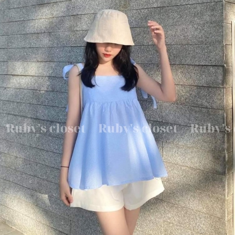 Set babydoll ulzzang nữ cá tính, Set đồ nữ đi chơi mùa hè gồm áo 2 dây nữ và quần short nữ cạp chun