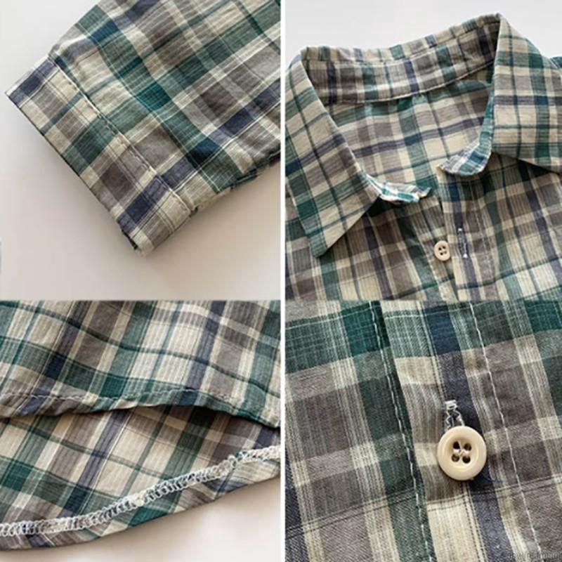 Women Plaid Print Lapel Shirt Loose Single-breasted Long Sleeve Blouse | BigBuy360 - bigbuy360.vn