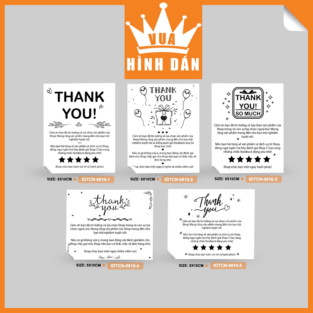 Set 50/100 tem/ sticker 8*10 thank you ghi lời cám ơn đến khách hàng - sticker dành cho shop - 5 mẫu (1.004)