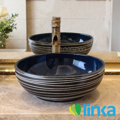 Chậu rửa lavabo gốm sứ nghệ thuật LINKA LI-LAV00116 – Họa tiết viền trắng xoắn ốc hiện đại