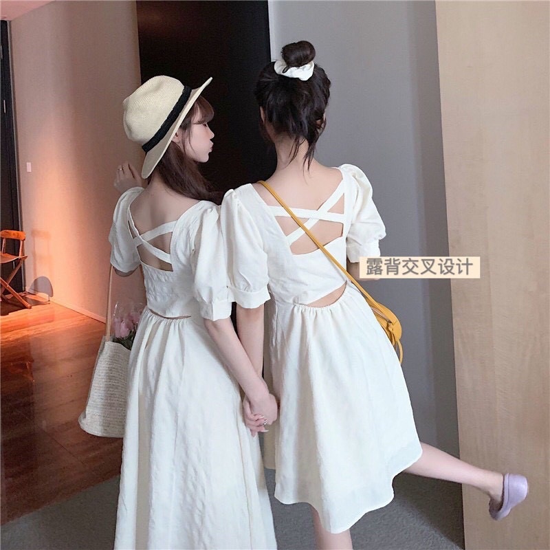 Đầm tiểu thư ullzzang hàn quốc hở lưng 2 màu trắng tím tay phồng dáng ngắn dài maxi váy xinh dự tiệc trễ vai | BigBuy360 - bigbuy360.vn