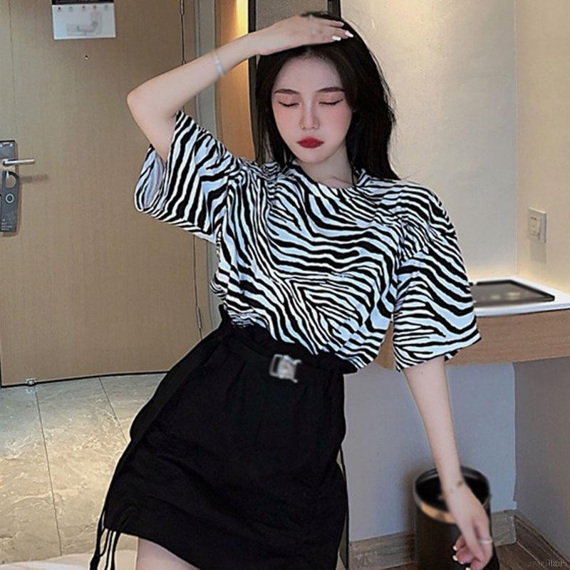 Áo Thun Nữ Ngắn Tay Họa Tiết Ngựa Vằn Thời Trang