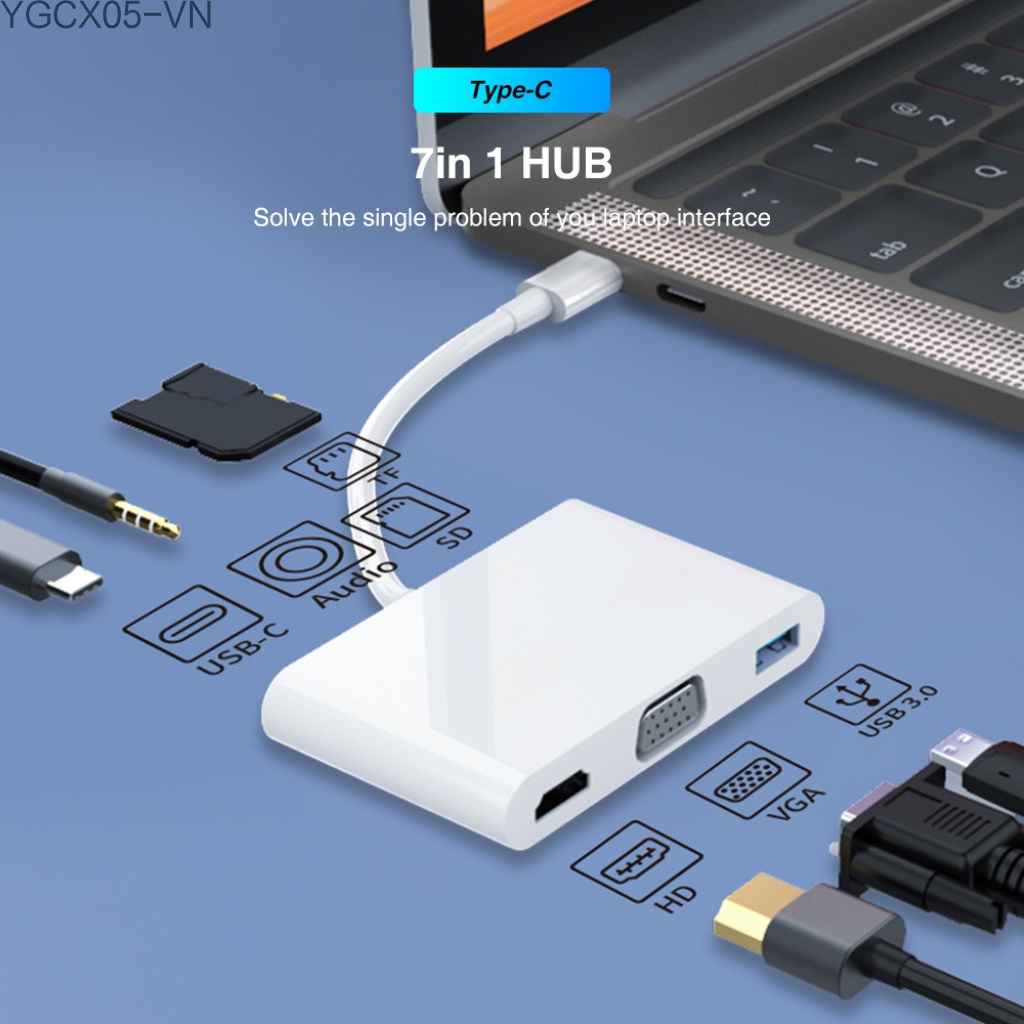 Bộ Hub Usb 7 Trong 1 Type C Hub 4k 1080p Hdmi-Compatible + Vga Pd 5gbps Hỗ Trợ 3.5mm Sd / Tf Cho Điện Thoại Android | BigBuy360 - bigbuy360.vn