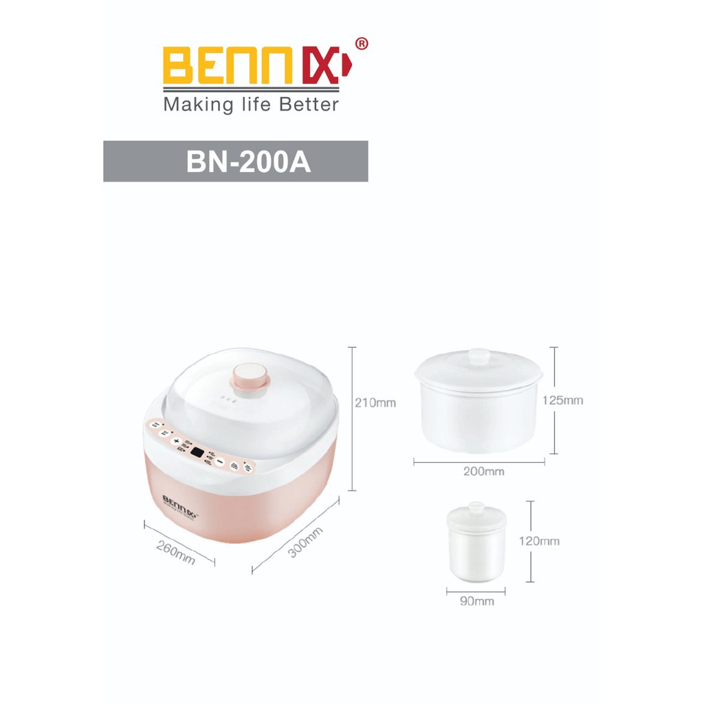 Nồi hầm cách thủy (nồi chưng yến) điện tử Bennix BN-200A, dung tích 2 lít, hàng Thái lan bảo hành 1 năm chính hãng