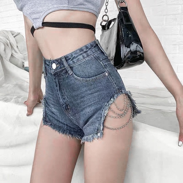 Quần Short Nữ Jeans  [Tiệm Vải Xinh]  Quần Đùi Jeans Nữ Dây Xích - Hàng Quảng Châu