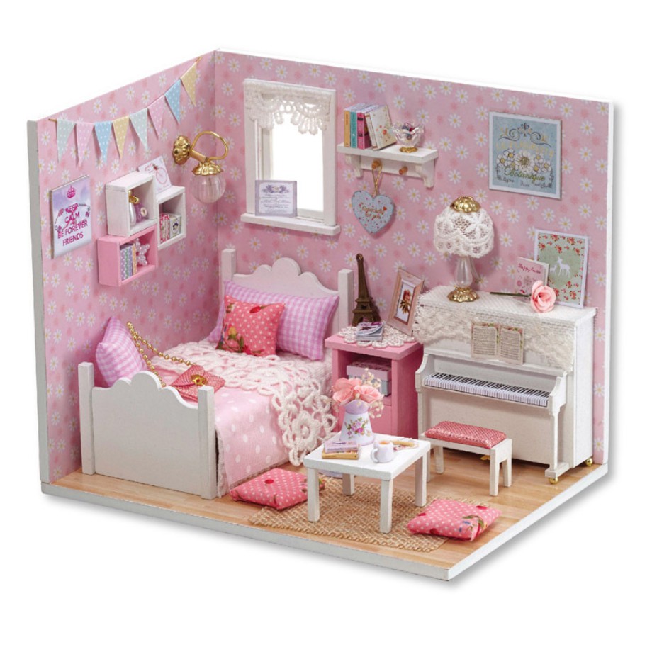 Mô hình nhà búp bê Cute Room - phòng ngủ màu hồng Sunshine Princess có đàn piano trắng