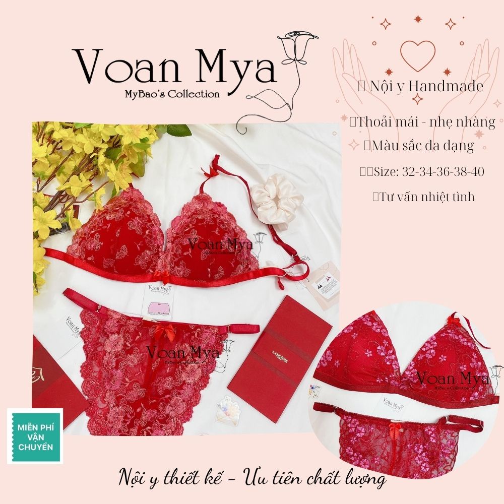 Set bra đỏ hoa hồng - cỏ 4 lá  Áo ngực ren hoa thêu mút tam giác mỏng, không gọng Voan Mya