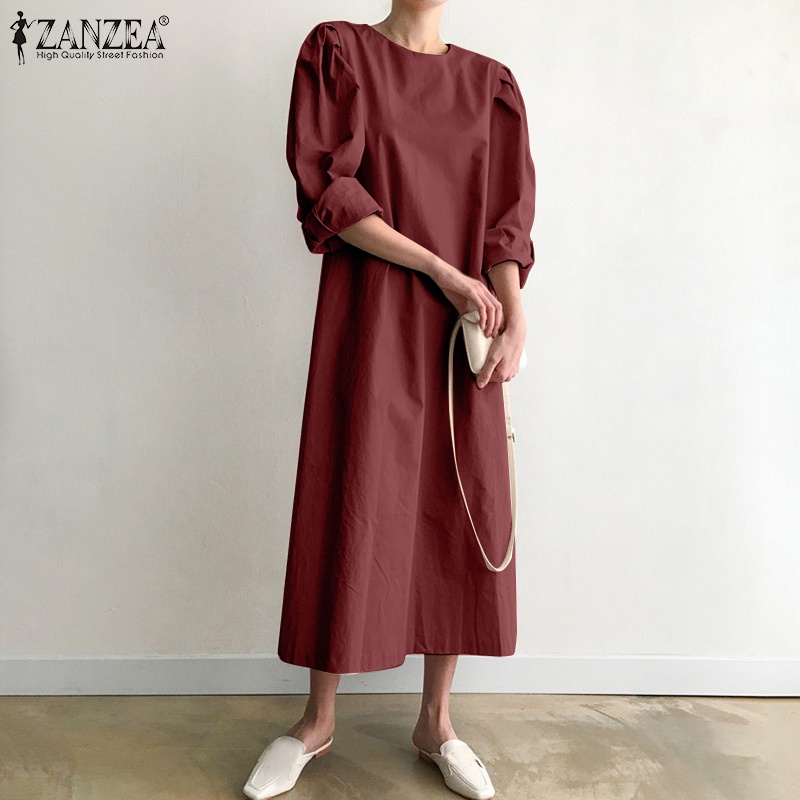 Đầm maxi ZANZEA tay dài cổ tròn màu trơn cài nút thời trang cho nữ