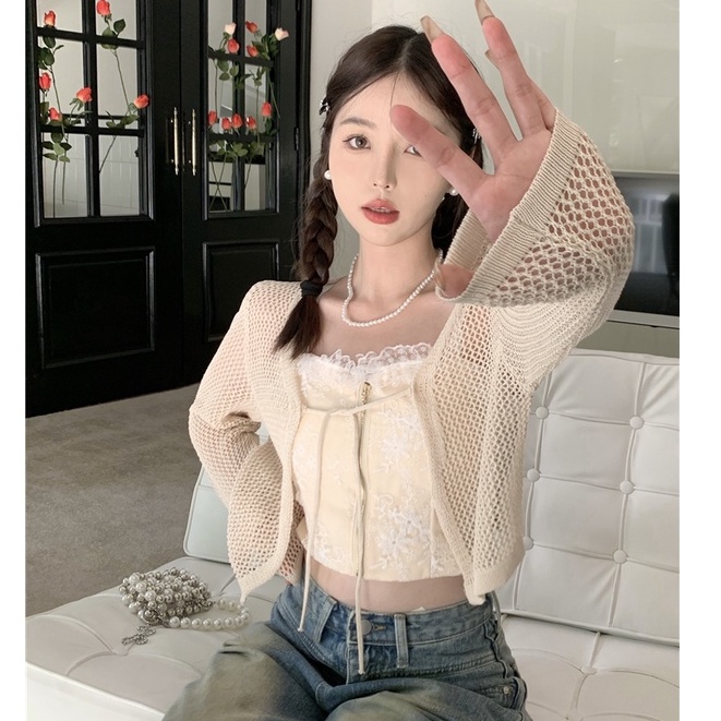 QKOOLE Áo cardigan  dạng đan màu trơn tay dài thời trang phong cách Hàn Quốc