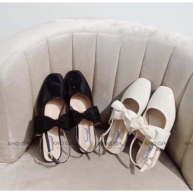 Giày búp bê nơ to quai cài da bóng