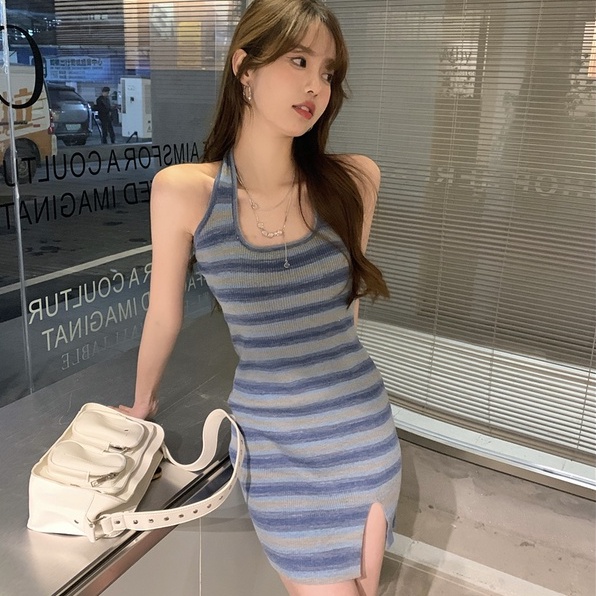 【ZHELIHANGFEI】Đầm Dệt Kim Cổ Yếm Xẻ Tà Kẻ Sọc Quyến Rũ Thời Trang Cho Nữ