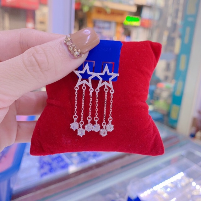 Khuyên tai sao băng bạc ta cao cấp tam giác thả rua cây thông
