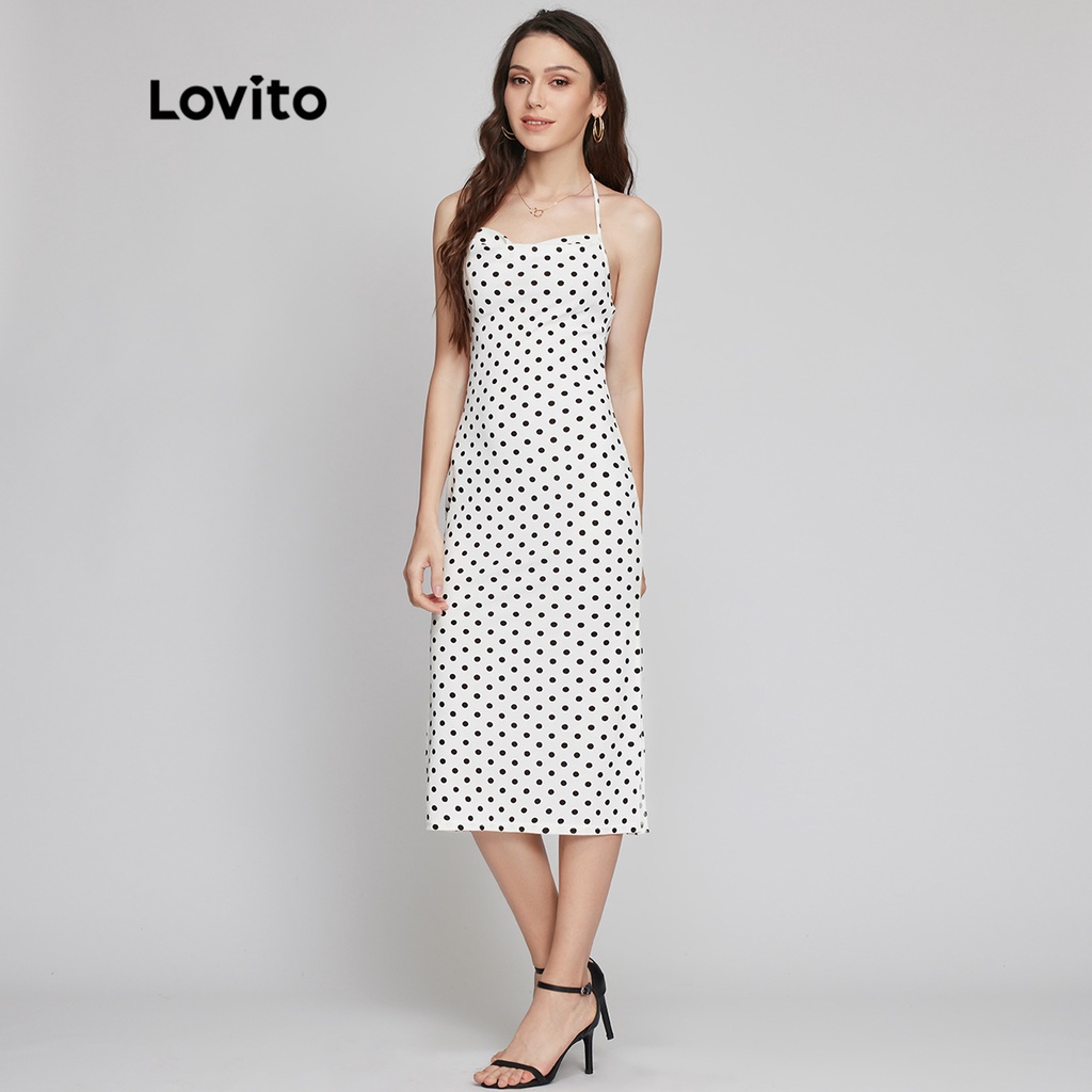 Đầm Lovito phong cách thanh lịch chấm bi cổ xếp nếp hở lưng kiểu đầm dây L26LD068 (màu đen và màu trắng)