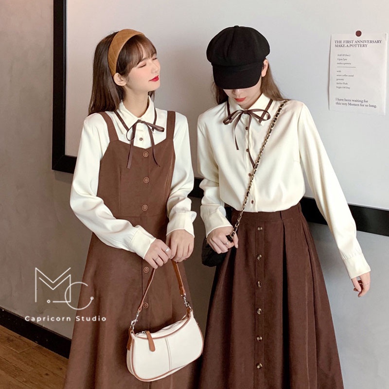 Set váy đôi mùa thu cho những cô bạn thân cực dễ thương gồm áo sơ mi và chân váy, yếm