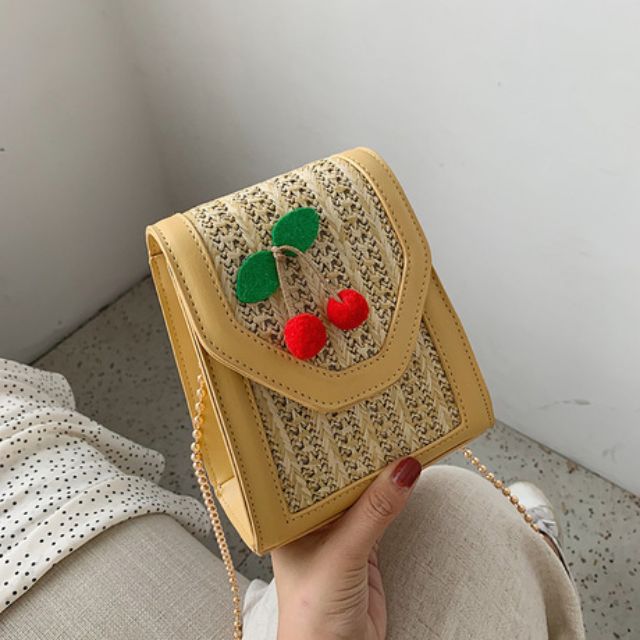Túi cói đeo chéo họa tiết cherry