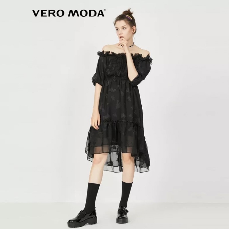 Váy đầm voan thêu đen trễ vai eo co giãn - Vero Moda sành điệu