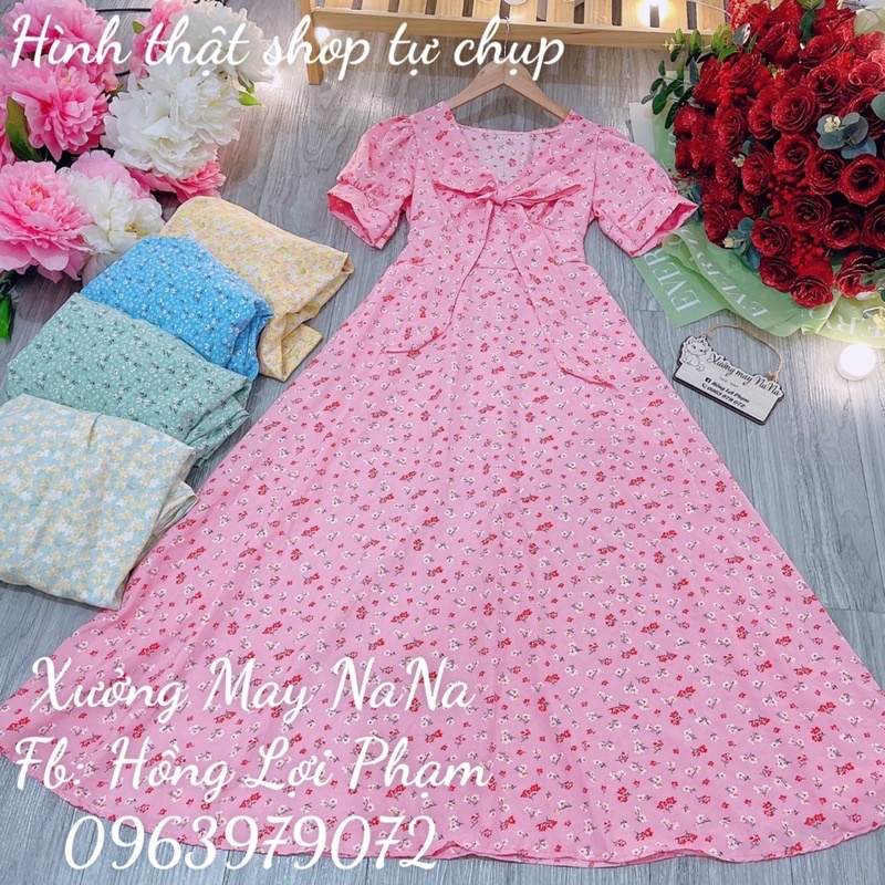 Maxi hoa nhí cột nơ tay phồng