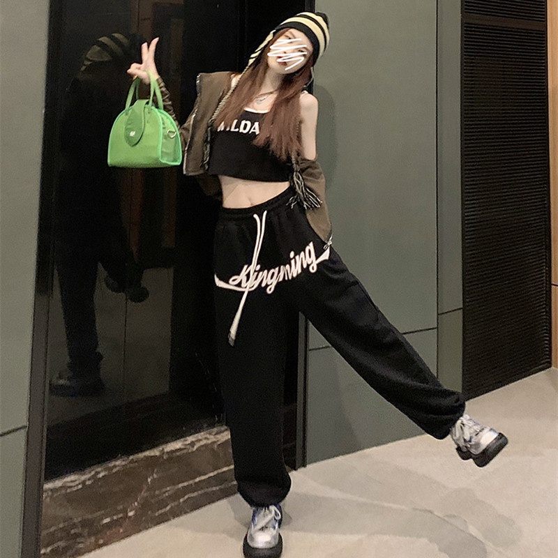 Quần Thể Thao Lưng Cao Ống Rộng In Họa Tiết Thời Trang