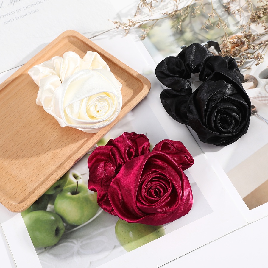 Dây buộc tóc co giãn vải satin họa tiết hoa hồng sang trọng cho nữ