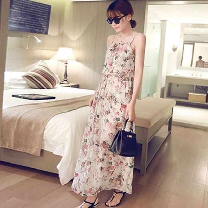 【CoCo】đầm ngắn tay,đầm ngắn tay dáng rộng,đầm dự tiệc - Summer 2020 sweet beach chiffon skirt with long loose skirt bohemian printed flowers women